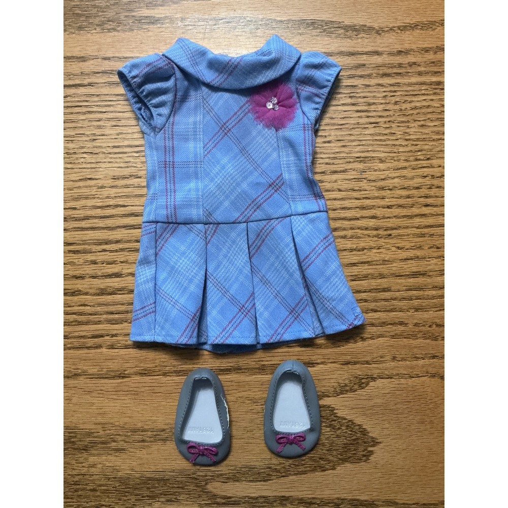 American Girl Doll Blue Plaid Dress and Grey Flats Shoes Outfit Set